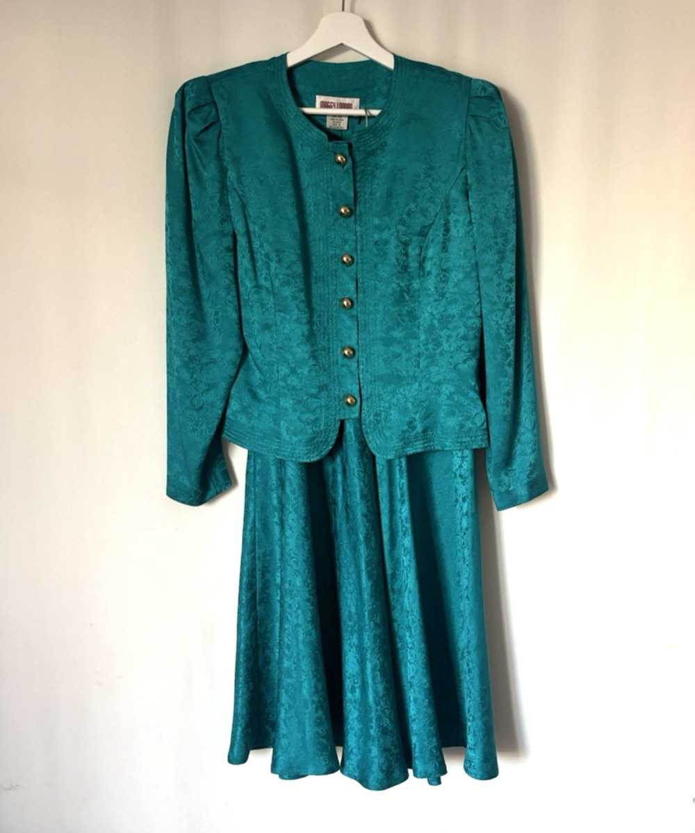 Vtg Maggy London Skirt Suit Silk 10 Teal Jacquard Buttons Evening 90s